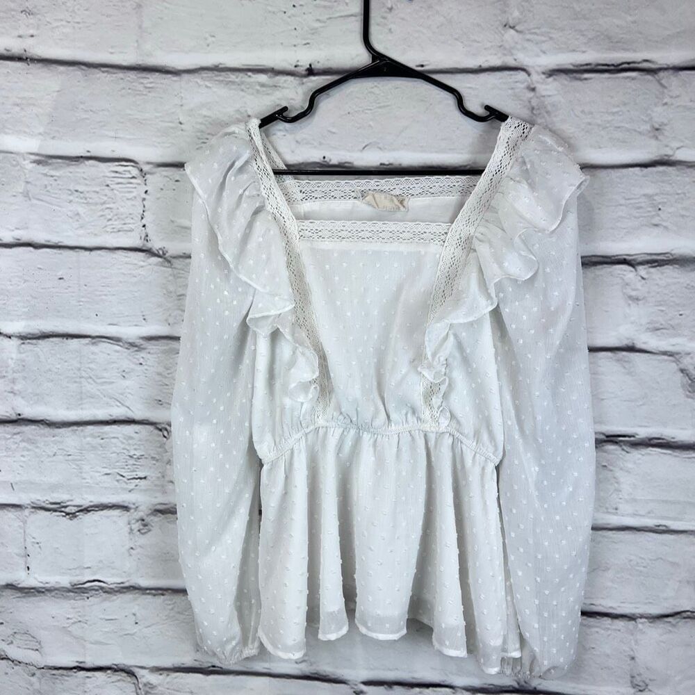 Savannah Jane White Swiss Dot Ruffle Boho Peasant Top Size M - Picture 2 of 6